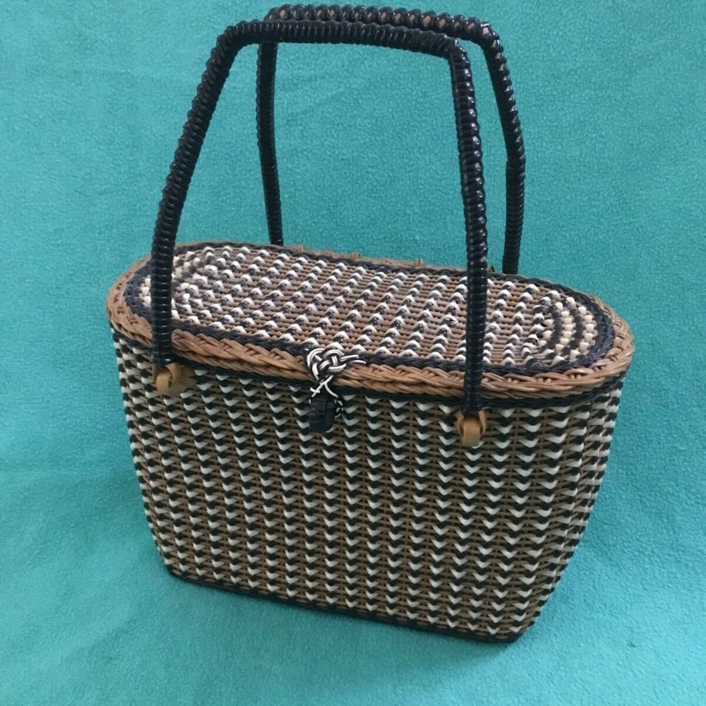 Vintage 50s 60s Pinup Tiki Woven Basket Purse